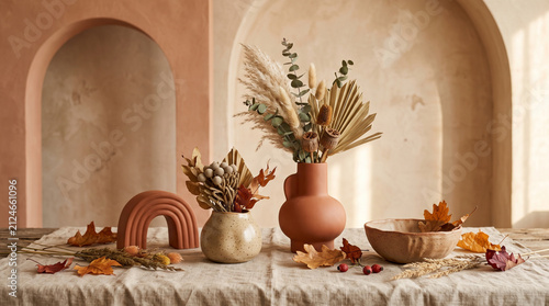 Boho interior decor with dried flowers in ceramic vases and autumn leaves on linen tablecloth