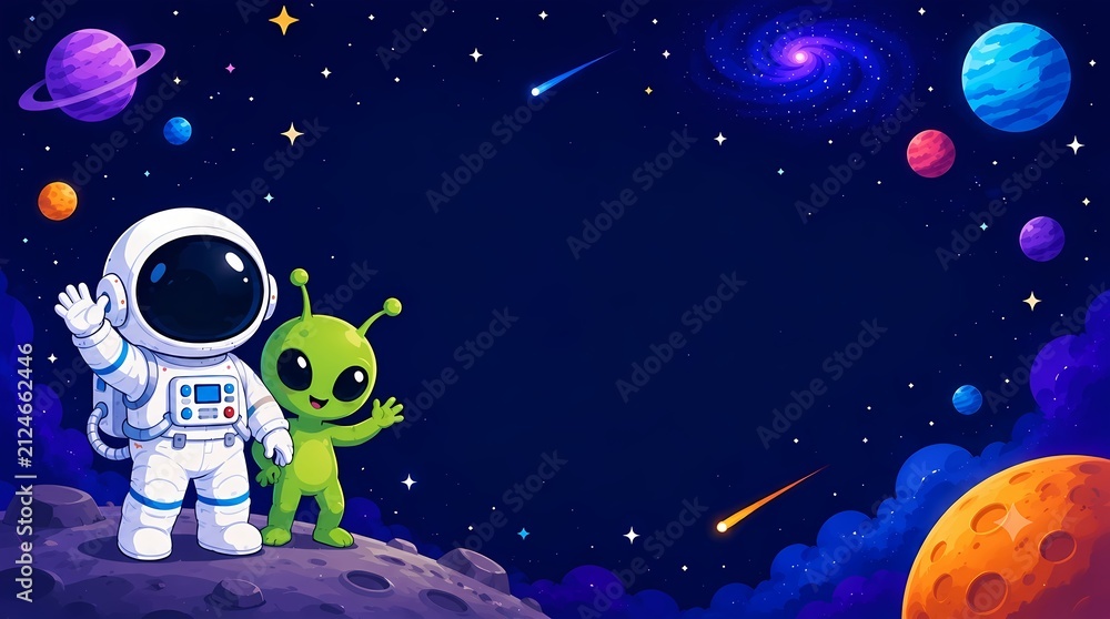 Naklejka premium Cute Faceless Astronaut with Friendly Alien Cartoon Flat Vector Illustration Background