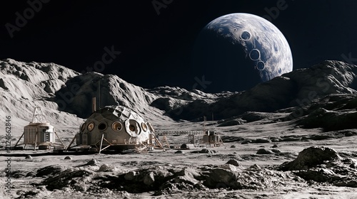 Human research base habitat on surface of moon with visible planet Earth in dark space, future lunar colonization and space exploration scientific concept