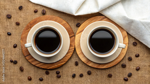 Two espresso cups with dark coffee on wooden table. Minimalist morning setup featuring rich black coffee in ceramic mugs.