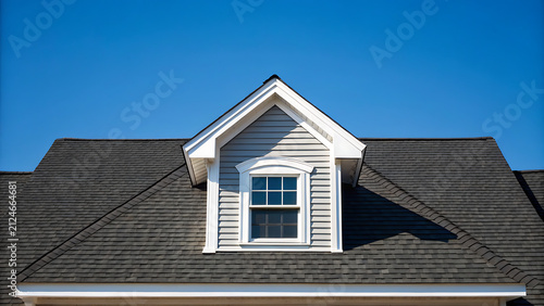 Modern suburban house with dark gray roof under clear blue sky. New construction residential home exterior featuring asphalt shingles and white trim.