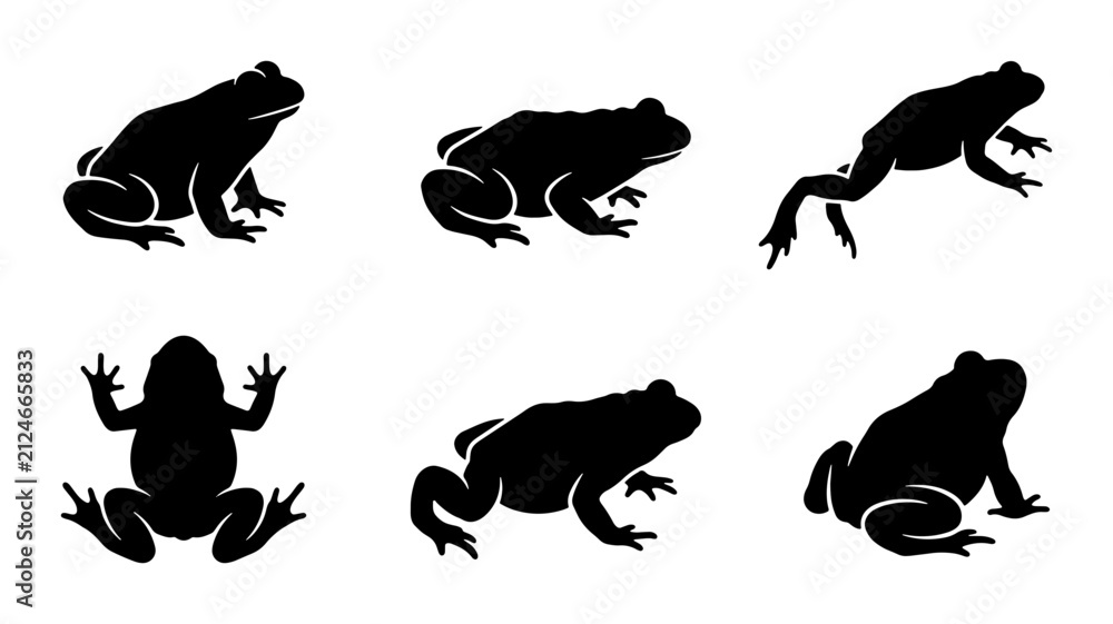 Obraz premium Six Black Frog Silhouettes, Amphibian Vector Icons, Wildlife Animal Graphics, Pond Life Illustration