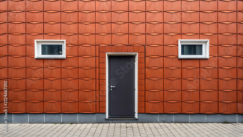 Modern industrial red brick building exterior with secure door. Contemporary urban architecture facade featuring minimalist design and geometric wi...