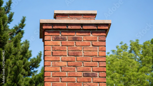 Red brick chimney on residential home exterior. Classic masonry stack for fireplace ventilation and heating system.