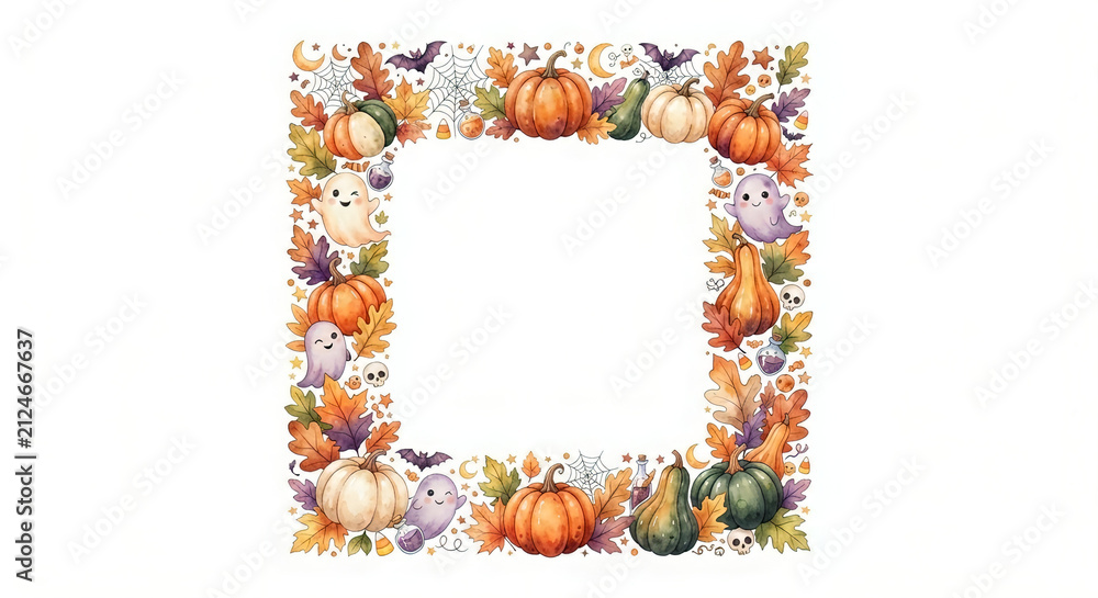 Fototapeta premium Cute pastel Halloween watercolor frame with friendly ghost, pumpkins, and autumn elements on white background