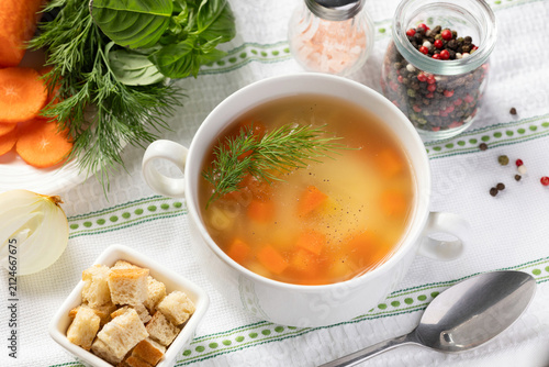 Chicken broth soup, vegetable soup with carrot