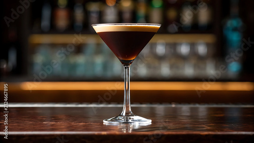 Classic martini cocktail in elegant glass on wooden bar. Dark red drink with olive garnish for upscale hospitality and mixology.
