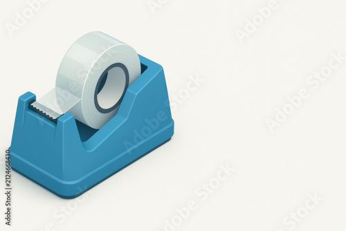 3D Tape dispenser with transparent tape roll in blue plastic holder isolated on white background, clean design office supply for packing or sticking tasks
