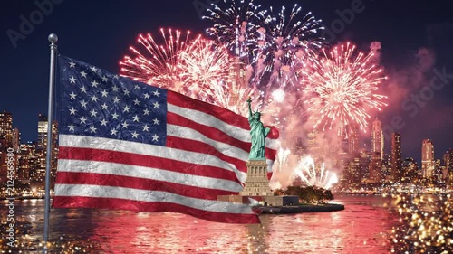 USA Flag Fireworks over New York City Skyline and Statue of Liberty