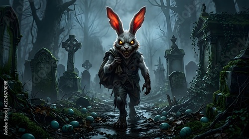 Creepy anthropomorphic rabbit in dark forest with glowing eyes