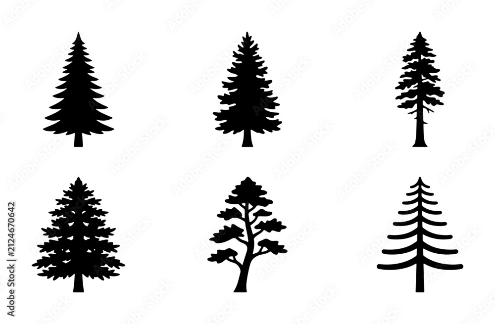 Obraz premium Conifer Tree Silhouettes Collection, Evergreen Pine Fir Spruce Vector Icons, Forest Nature Elements