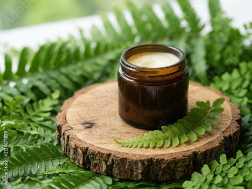 Natural organic face cream in a dark glass jar on a rustic wooden slice surrounded by green fern leaves in nature