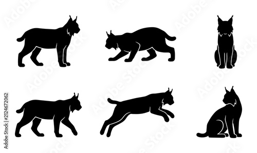Canvas Print Lynx Silhouettes: Diverse Poses of Wild Cat Vector Set, Black Feline Icons
