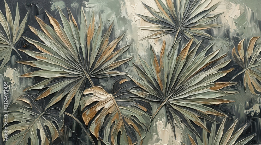 Fototapeta premium Abstract Tropical Palm Leaf Oil Painting Texture with Muted Sage Green and Gold Metallic Accents for Interior Wall Decor and Modern Artistic