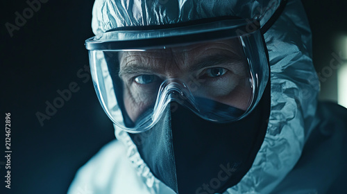 Close-up of healthcare worker wearing protective gear and goggles in a medical setting