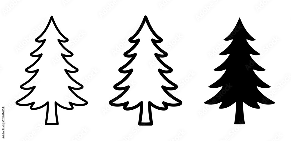 Obraz premium Evergreen Tree Icons: Outline and Silhouette, Pine, Fir, Spruce Vector Graphics for Nature and Winter Designs