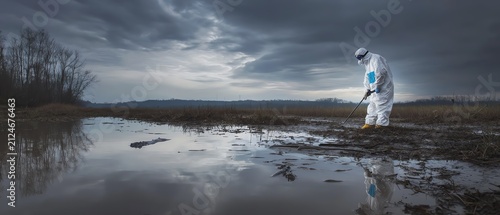 Scientist examines polluted water landscape.