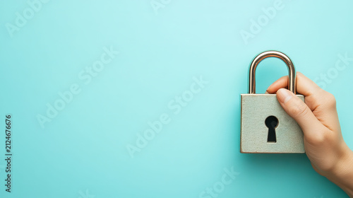 Hand Holding Silver Padlock Against Light Blue Background for Security Concept