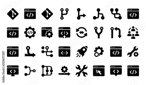 Quadro su tela Version Control Icon Set Isolated Silhouette with Git Repository Branch Merge an