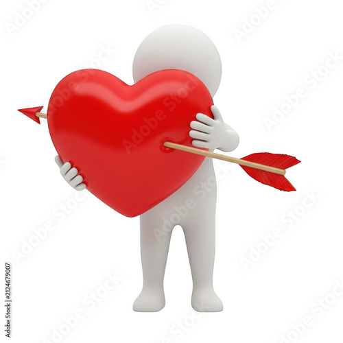 3d white character holding a big red heart with an arrow isolated on transparent background