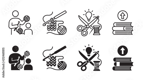 Educational and hobby icons for teaching crochet knitting sewing and learning crafts with education teaching learning
