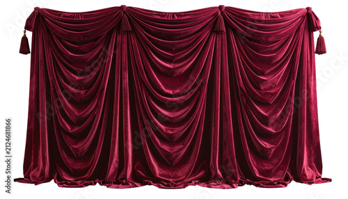 Crimson Velvet Theater Curtain With Draped Folds And Rich Textured Shine On Transparent Background
