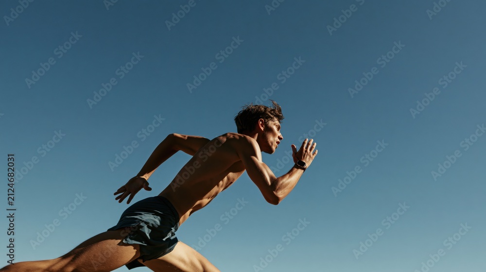 Obraz premium Fit male runner sprinting fast against a clear blue sky