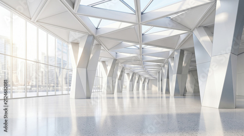 Modern spacious empty hall interior showcasing unique geometric architectural pillars below large skylight windows allowing bright natural daylight illuminating clean floor
