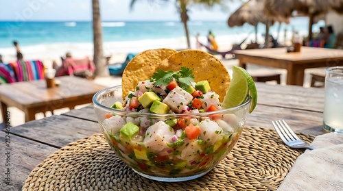 bowl of fresh lime-cured fish ceviche served in a clear glass bowl on a woven sea-grass placemat,  Diced white fish, avocado cubes, red onion, tomatoes, and cilantro garnished with crispy corn tostada