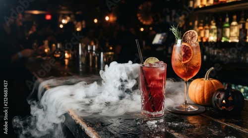 Spooky red Halloween drink with smoke on bar counter