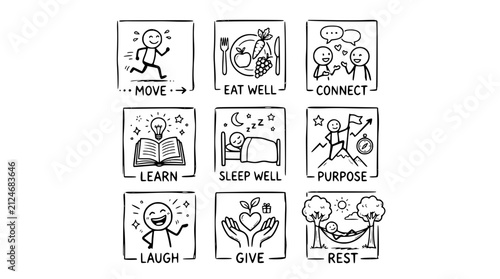Hand drawn aging well longevity icons move eat connect learn sleep purpose laugh give rest, black ink sketch vector illustration

