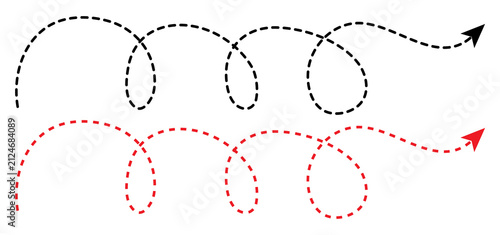 Set of dashed lines hand drawn black and red arrows in different styles. Set of dot lines hand drawn arrows. Various dotted lines arrows.