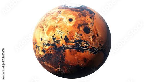 Rust Red Planet With Dark Valleys And Craters Floating Against Transparent Background For Astronomy