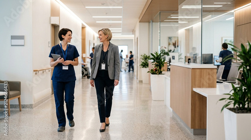 Confident medical professional and nurse discussing work while walking through modern hospital corridor