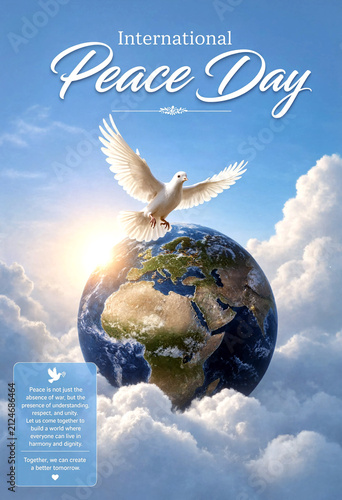 Beautiful international peace day poster with white dove flying over earth and clouds in sky