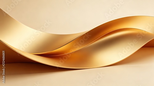Wide gentle golden metallic curved wave sheet, soft folded glossy metal surface on beige background for elegant luxury presentation backdrop