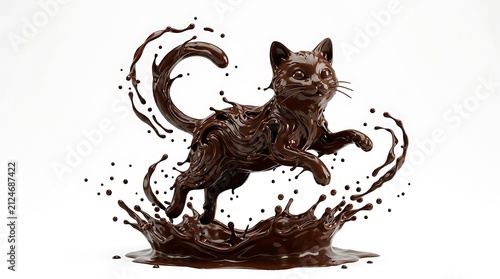 Dynamic Chocolate Cat Splashing from Rich Liquid on White Background