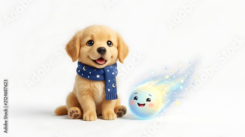 Adorable Golden Retriever puppy with blue scarf and cute celestial friend