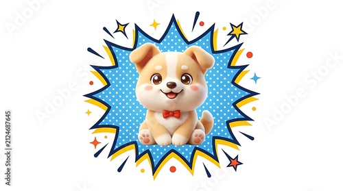 Cute Cartoon Puppy Dog with Red Bow Tie in Pop Art Splash Illustration