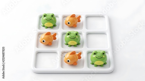 Tic-Tac-Toe Game with Cute Frog and Fish Figurines on White Board