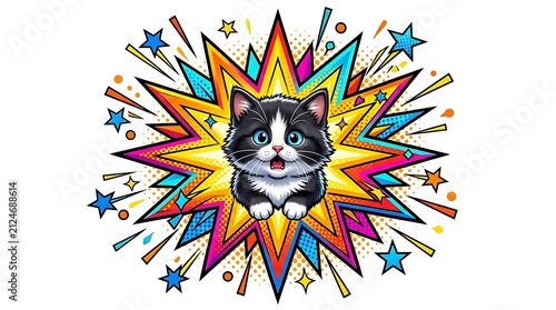 Cute Cartoon Kitten Pop Art Graphic Illustration with Starburst Element