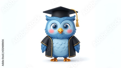 Charming Blue Owl with Graduation Cap and Gown on White Background