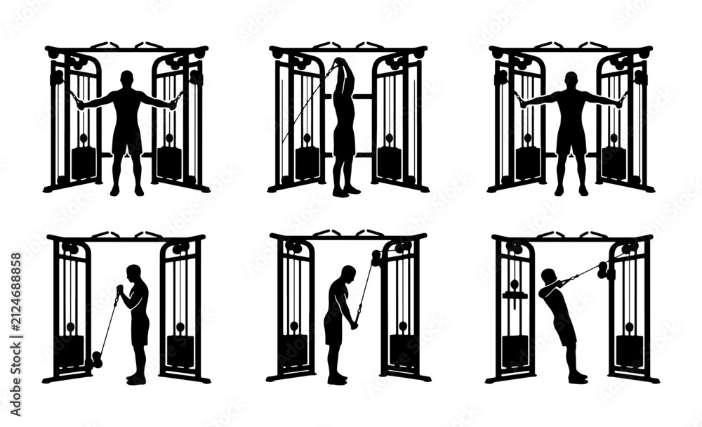 Obraz premium Gym Cable Machine Exercises, Fitness Workout Silhouettes, Strength Training Equipment Illustrations