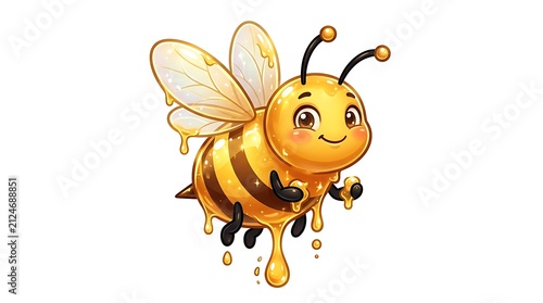 Cute cartoon honey bee illustration with golden honey dripping