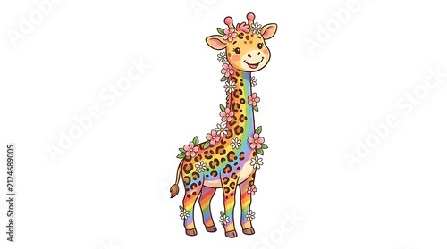 Cute Cartoon Rainbow Giraffe with Flowers Smiling on White Background