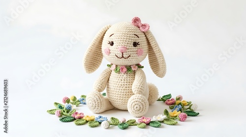 Adorable crochet bunny toy with flower garland, cute and sweet design