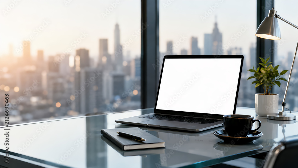 Fototapeta premium Sleek modern office desk with laptop and financial data charts overlooking city skyline