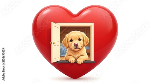 Cute Puppy Face Peeking Out of a Window in a Red Heart Shape