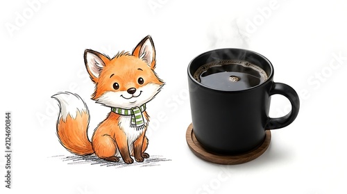 Cute Cartoon Fox with Scarf and Steaming Hot Coffee Mug on White Background
