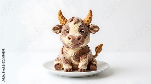 Cute ice cream bull dessert with waffle cones on a white background